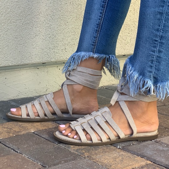 Taupe Ankle Wrap Gladiator Style Woven Sandals - Picture 3 of 7
